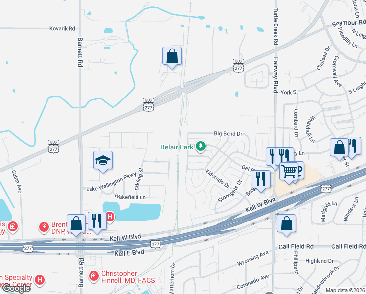 map of restaurants, bars, coffee shops, grocery stores, and more near 3700 Alexandria Street in Wichita Falls