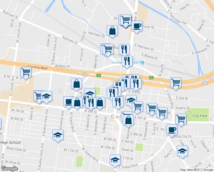 map of restaurants, bars, coffee shops, grocery stores, and more near 220 South Belle Avenue in Corona