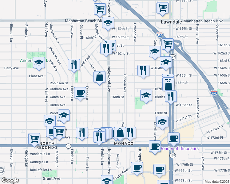 map of restaurants, bars, coffee shops, grocery stores, and more near 4738 167th Street in Lawndale