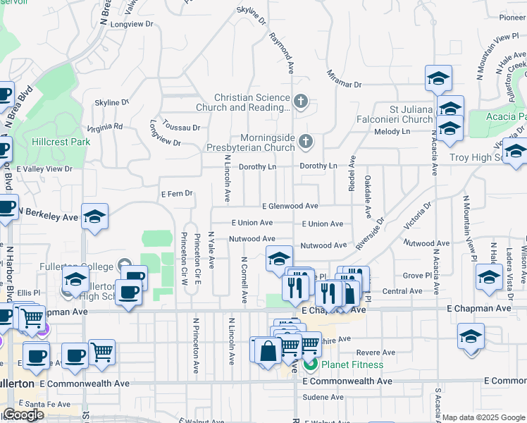 map of restaurants, bars, coffee shops, grocery stores, and more near 1020 East Glenwood Avenue in Fullerton