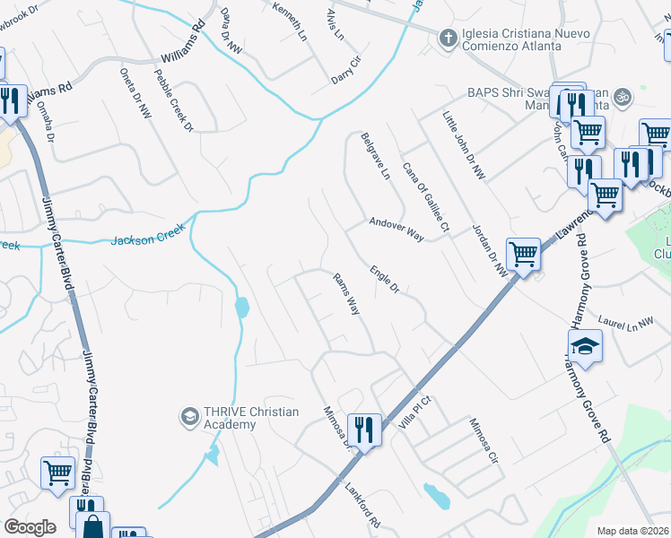 map of restaurants, bars, coffee shops, grocery stores, and more near 505 Rams Way in Tucker