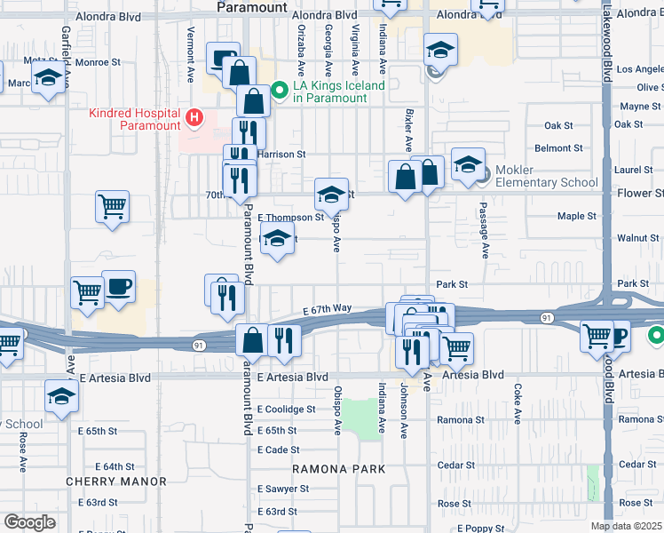map of restaurants, bars, coffee shops, grocery stores, and more near 6851 Obispo Avenue in Long Beach