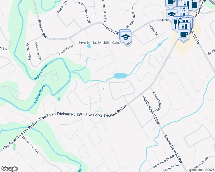 map of restaurants, bars, coffee shops, grocery stores, and more near 3492 Preservation Circle Southwest in Lilburn