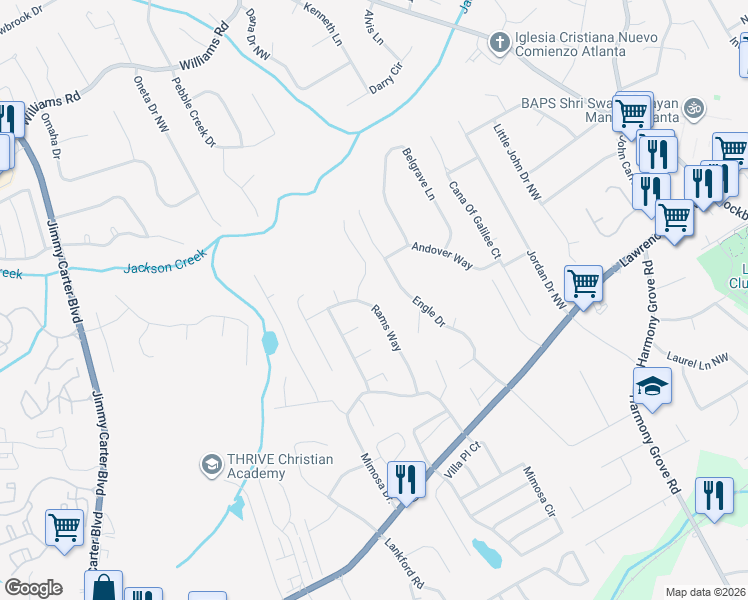 map of restaurants, bars, coffee shops, grocery stores, and more near 525 Rams Way in Tucker