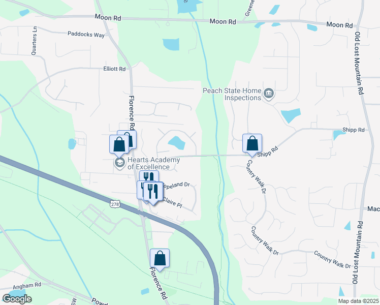 map of restaurants, bars, coffee shops, grocery stores, and more near 4954 Shipp Road in Powder Springs