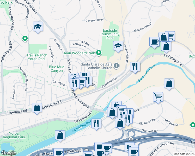 map of restaurants, bars, coffee shops, grocery stores, and more near 21930 Truckee Street in Yorba Linda
