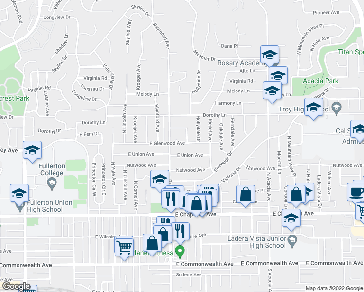 map of restaurants, bars, coffee shops, grocery stores, and more near 1224 East Glenwood Avenue in Fullerton