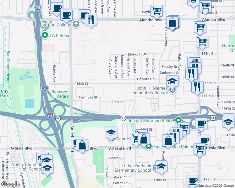 map of restaurants, bars, coffee shops, grocery stores, and more near 16711 Mapes Avenue in Artesia