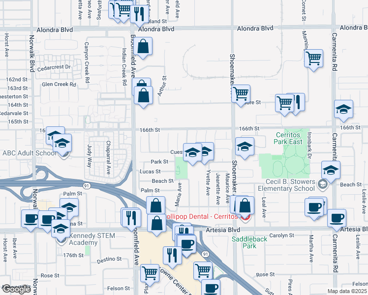 map of restaurants, bars, coffee shops, grocery stores, and more near 16717 Monte Cristo Avenue in Cerritos