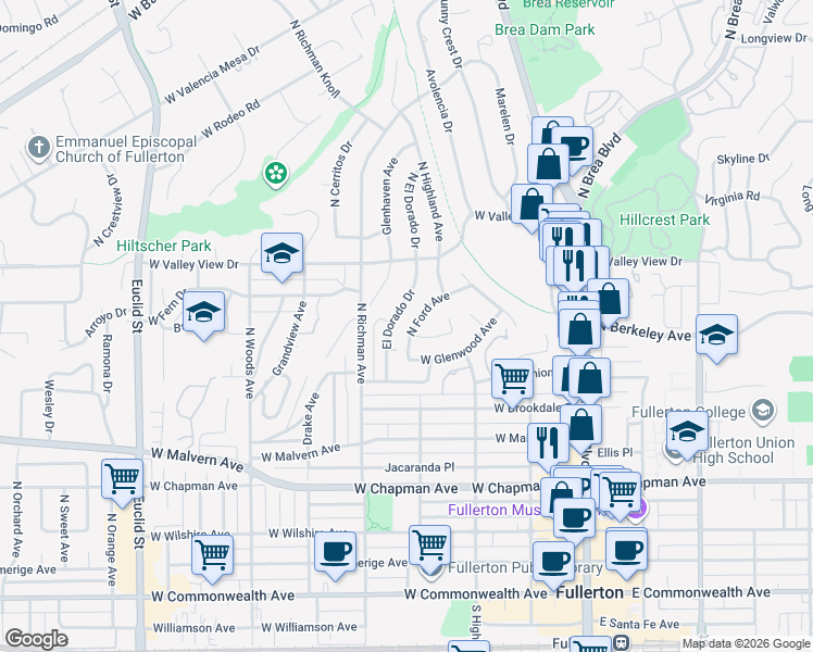 map of restaurants, bars, coffee shops, grocery stores, and more near 841 North Ford Avenue in Fullerton
