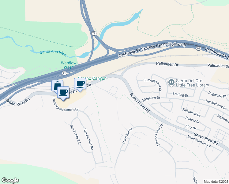 map of restaurants, bars, coffee shops, grocery stores, and more near 980 Nicholas Place in Corona