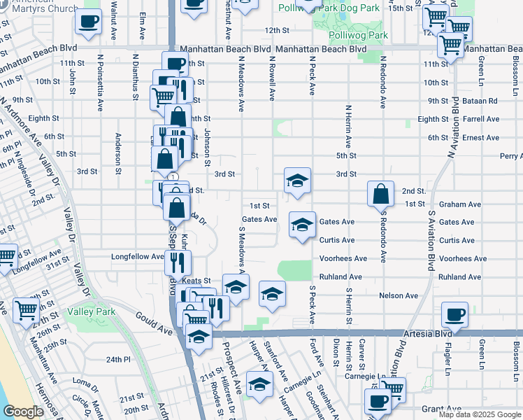 map of restaurants, bars, coffee shops, grocery stores, and more near 1330 1st Street in Manhattan Beach