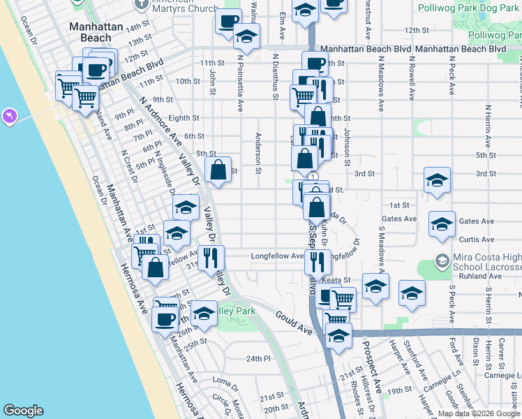 map of restaurants, bars, coffee shops, grocery stores, and more near 934 1st Street in Manhattan Beach