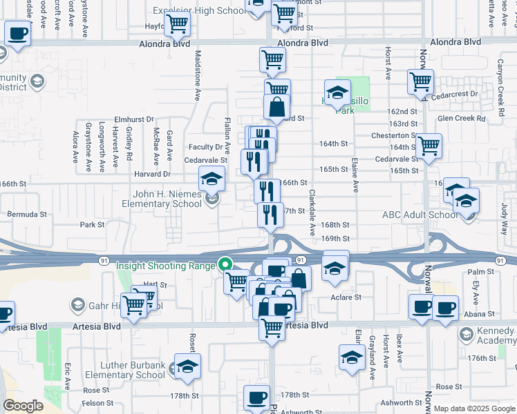 map of restaurants, bars, coffee shops, grocery stores, and more near 16649 Pioneer Boulevard in Artesia