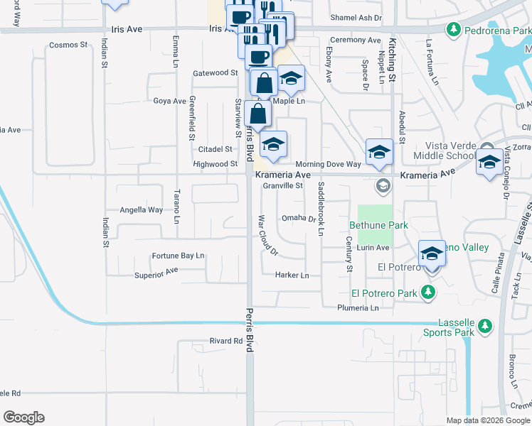 map of restaurants, bars, coffee shops, grocery stores, and more near 16604 War Cloud Drive in Moreno Valley