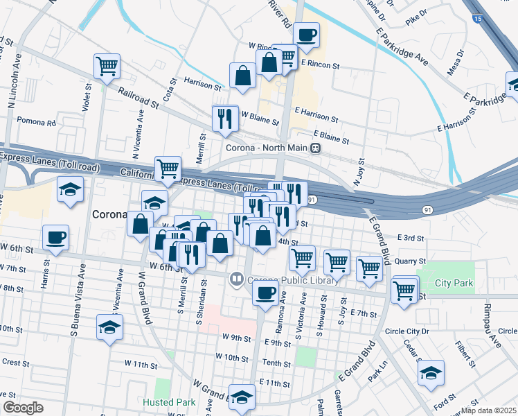 map of restaurants, bars, coffee shops, grocery stores, and more near 200 South Main Street in Corona