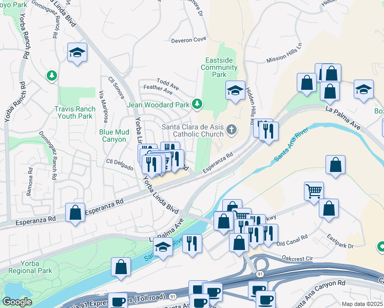 map of restaurants, bars, coffee shops, grocery stores, and more near 21930 Truckee Street in Yorba Linda