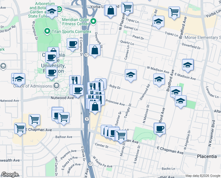 map of restaurants, bars, coffee shops, grocery stores, and more near 937 North Placentia Avenue in Fullerton