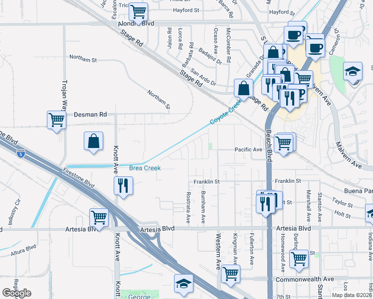 map of restaurants, bars, coffee shops, grocery stores, and more near 5630 Rostrata Avenue in Buena Park