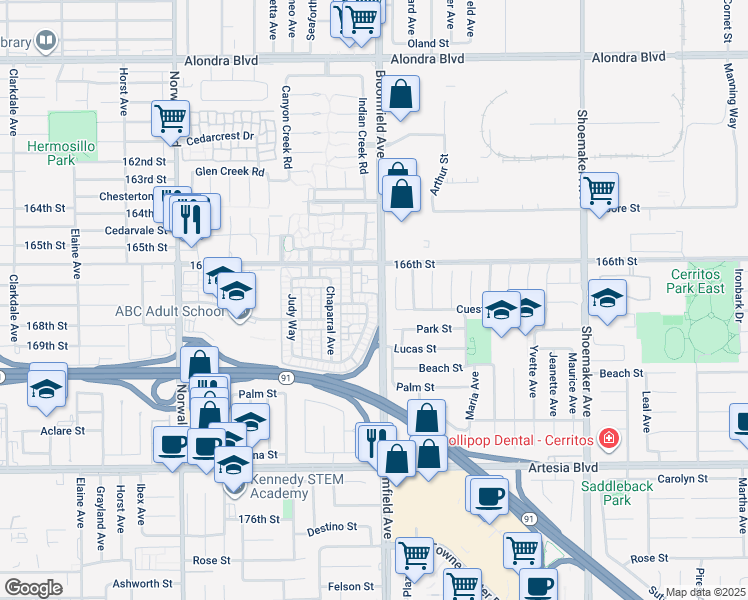 map of restaurants, bars, coffee shops, grocery stores, and more near 12533 Cuesta Drive in Cerritos