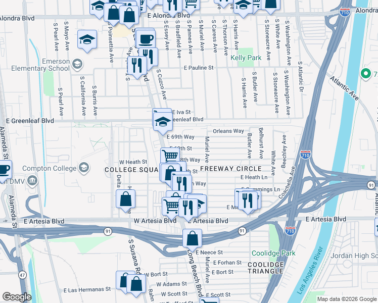 map of restaurants, bars, coffee shops, grocery stores, and more near 142 East 69th Street in Long Beach