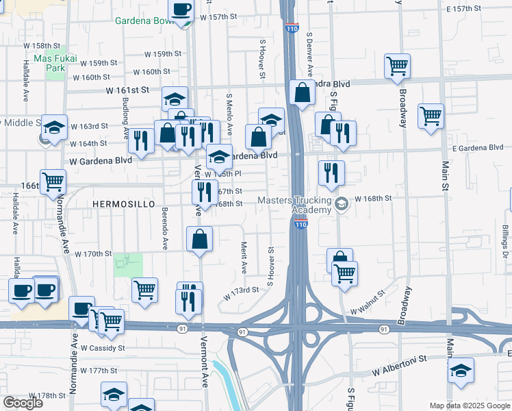 map of restaurants, bars, coffee shops, grocery stores, and more near 16801 South Hoover Street in Gardena