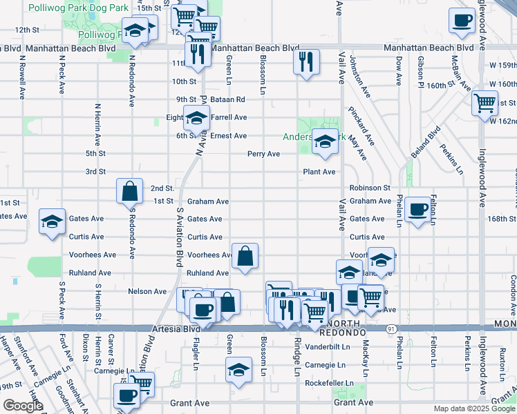 map of restaurants, bars, coffee shops, grocery stores, and more near 2017 Gates Avenue in Redondo Beach