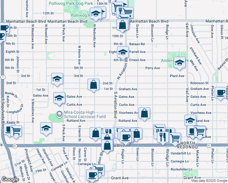 map of restaurants, bars, coffee shops, grocery stores, and more near 2606 South Aviation Boulevard in Manhattan Beach