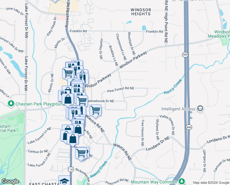 map of restaurants, bars, coffee shops, grocery stores, and more near 373 Pine Forest Road Northeast in Atlanta