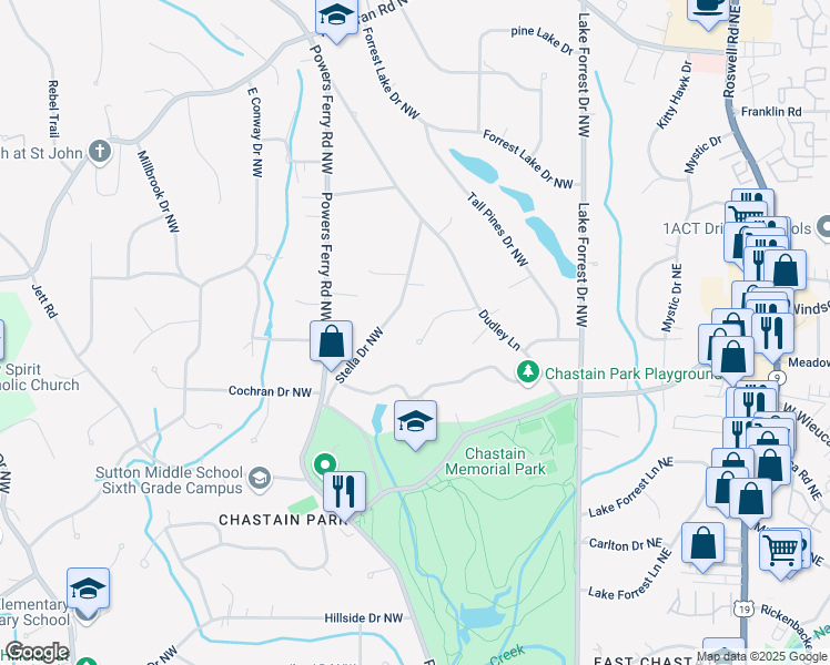 map of restaurants, bars, coffee shops, grocery stores, and more near 195 Worth Drive Northwest in Atlanta