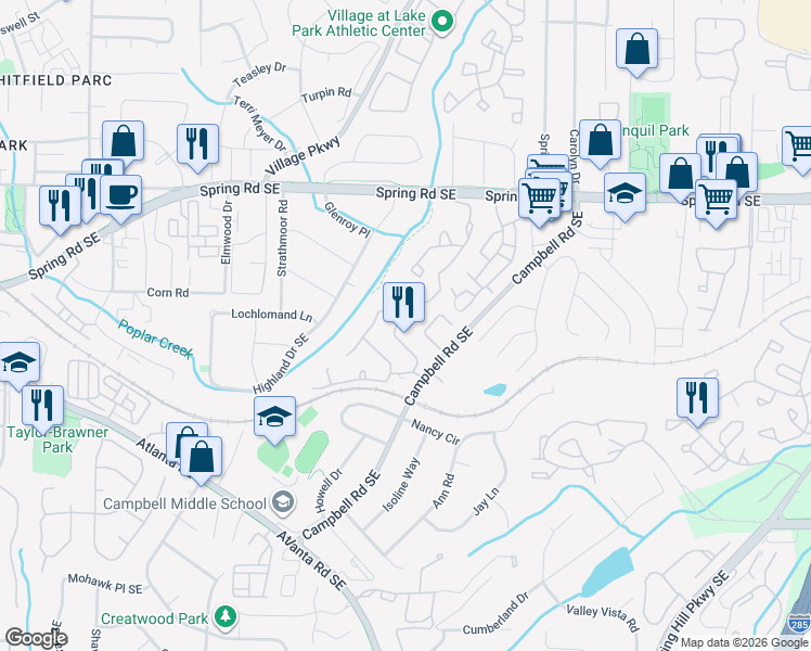 map of restaurants, bars, coffee shops, grocery stores, and more near 2241 Goodwood Boulevard Southeast in Smyrna