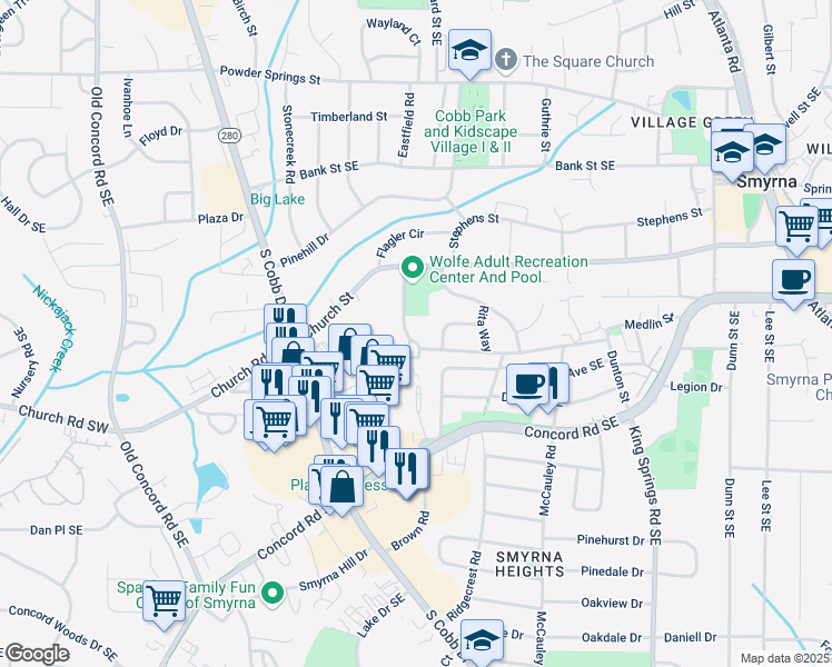 map of restaurants, bars, coffee shops, grocery stores, and more near 3142 Reeves Street in Smyrna