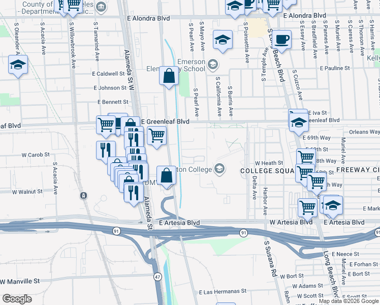map of restaurants, bars, coffee shops, grocery stores, and more near 808 East Clemmer Drive in Compton