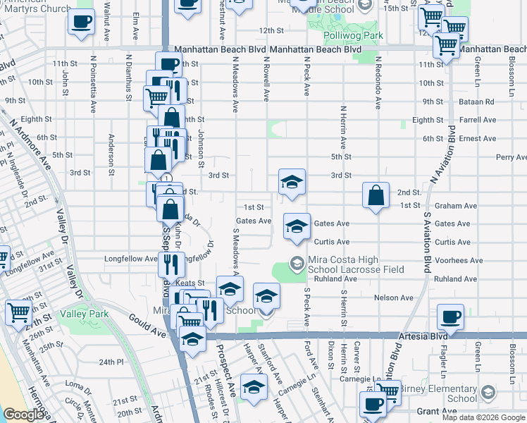 map of restaurants, bars, coffee shops, grocery stores, and more near 1346 1st Street in Manhattan Beach
