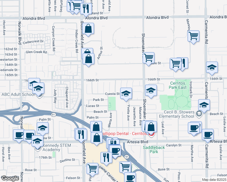 map of restaurants, bars, coffee shops, grocery stores, and more near 16717 Monte Cristo Avenue in Cerritos