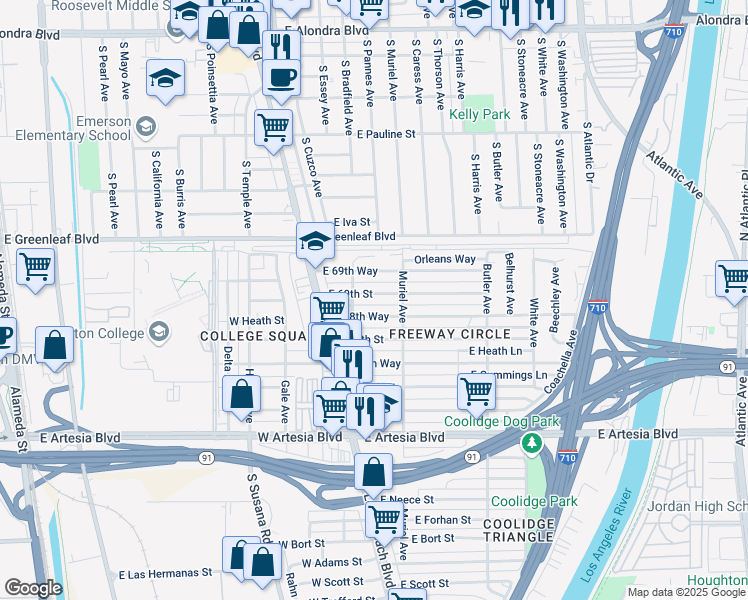 map of restaurants, bars, coffee shops, grocery stores, and more near 140 East 69th Street in Long Beach