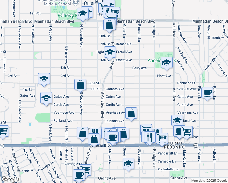 map of restaurants, bars, coffee shops, grocery stores, and more near 1918A Graham Avenue in Redondo Beach