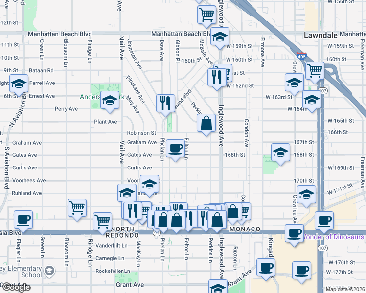 map of restaurants, bars, coffee shops, grocery stores, and more near 2516 Graham Avenue in Redondo Beach