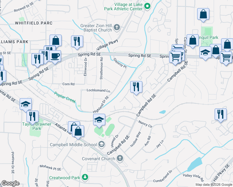map of restaurants, bars, coffee shops, grocery stores, and more near 3051 Highland Drive Southeast in Smyrna