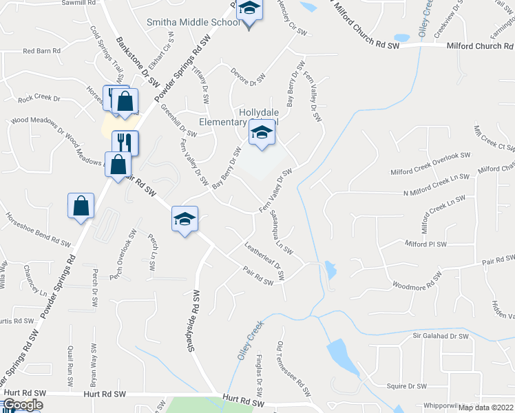 map of restaurants, bars, coffee shops, grocery stores, and more near 3105 Fern Valley Drive Southwest in Marietta