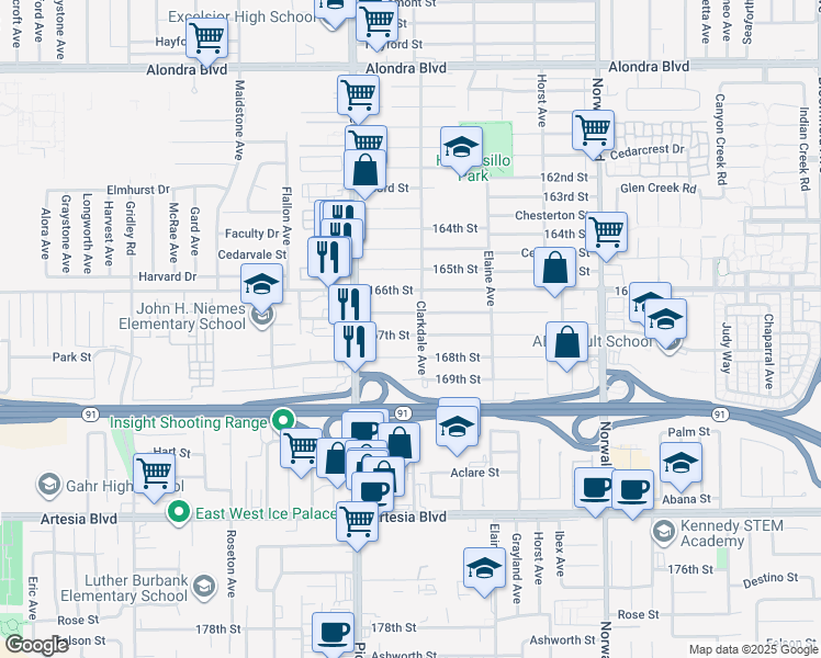 map of restaurants, bars, coffee shops, grocery stores, and more near 11863 167th Street in Artesia