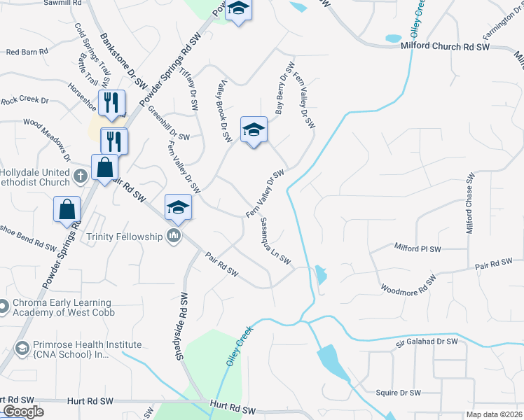 map of restaurants, bars, coffee shops, grocery stores, and more near 3063 Sasanqua Lane Southwest in Marietta