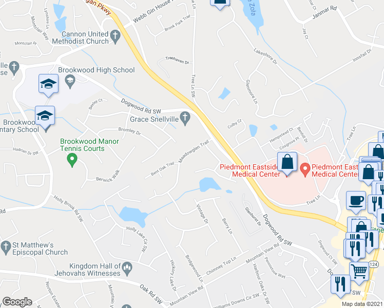 map of restaurants, bars, coffee shops, grocery stores, and more near 2422 Meadow Glen Trail in Snellville
