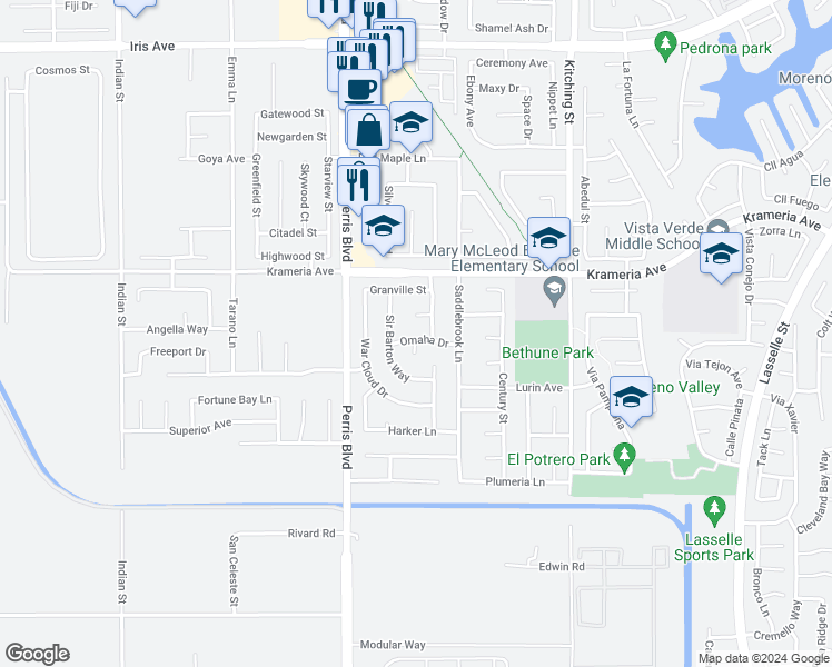 map of restaurants, bars, coffee shops, grocery stores, and more near 25152 Omaha Drive in Moreno Valley
