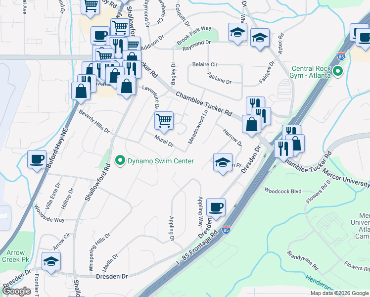 map of restaurants, bars, coffee shops, grocery stores, and more near 2638 Mural Drive in Chamblee