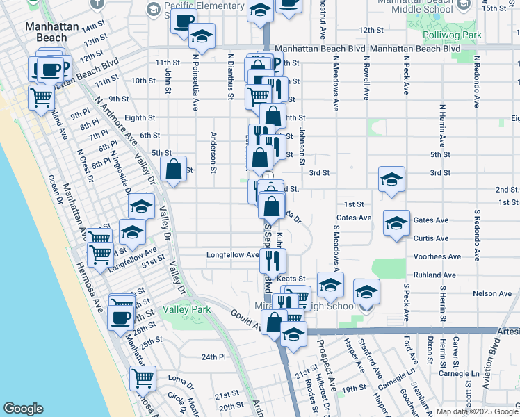 map of restaurants, bars, coffee shops, grocery stores, and more near 115 South Sepulveda Boulevard in Manhattan Beach