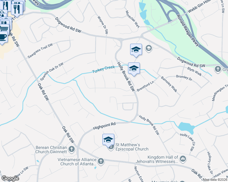 map of restaurants, bars, coffee shops, grocery stores, and more near 2770 Hadrian Drive Southwest in Snellville