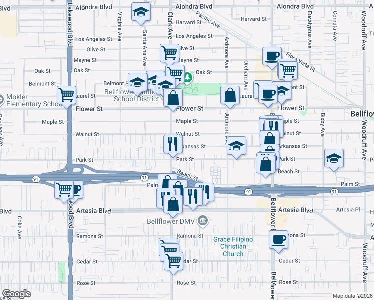map of restaurants, bars, coffee shops, grocery stores, and more near 9434 Arkansas Street in Bellflower