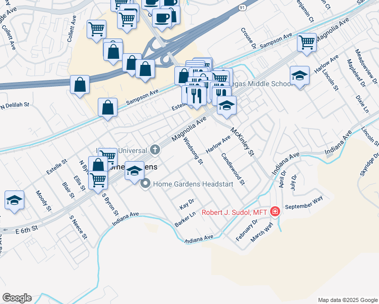 map of restaurants, bars, coffee shops, grocery stores, and more near 3730 Windsong Street in Corona