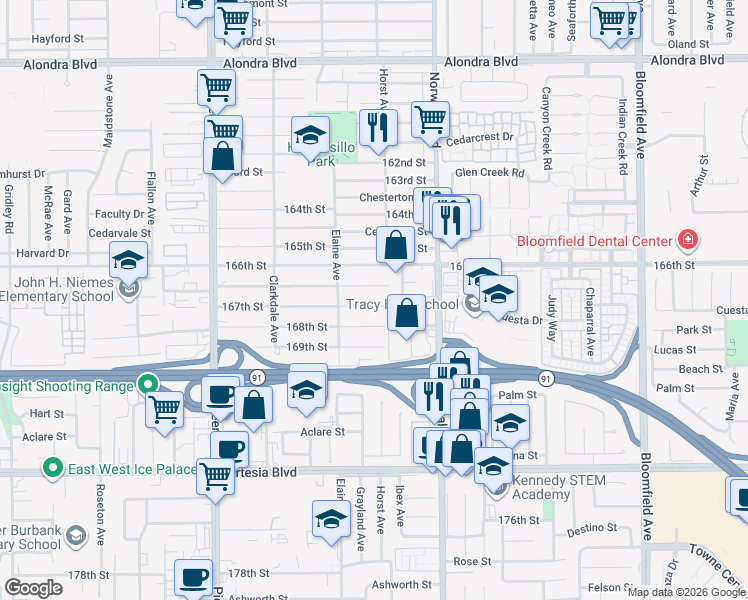 map of restaurants, bars, coffee shops, grocery stores, and more near 12043 167th Street in Artesia
